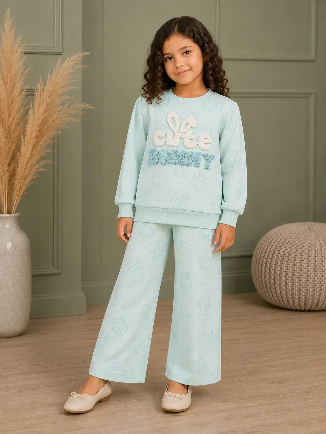 Cute Bunny Winter Co-ord Set - Powder Blue
