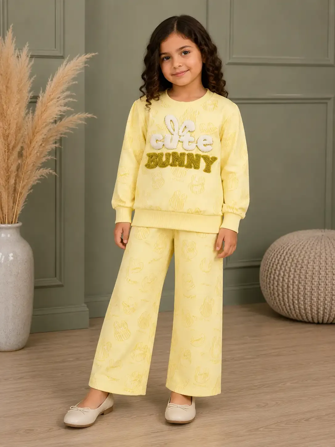 Cute Bunny Winter Co-ord Set - Lime Yellow