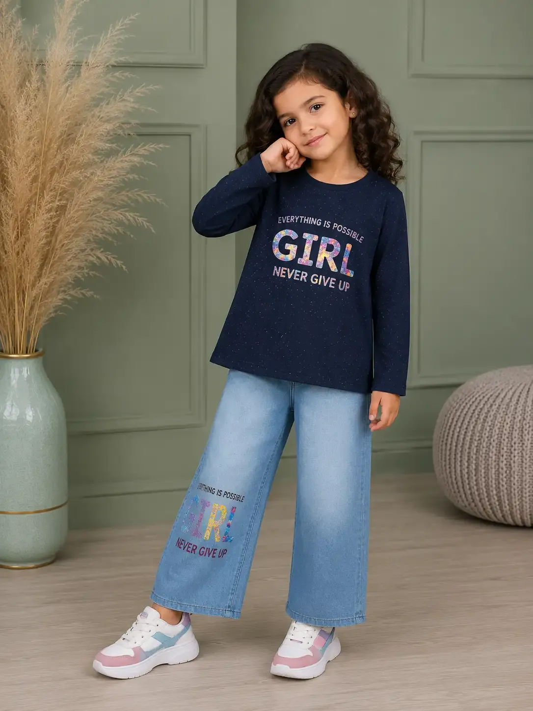 Girl Never Give Up Denim Co-ord Set - Navy Blue Top with Blue Denim