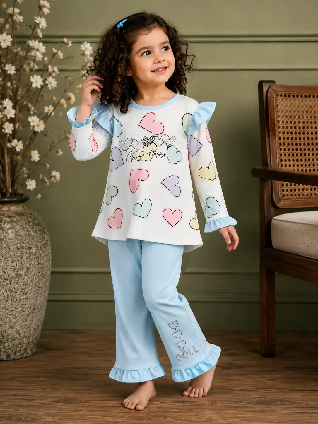 Heart Print Co-ord Set - powder blue