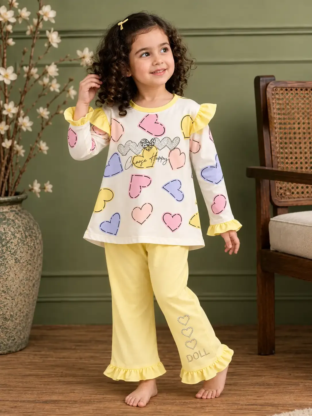 Heart Print Co-ord Set -soft yellow