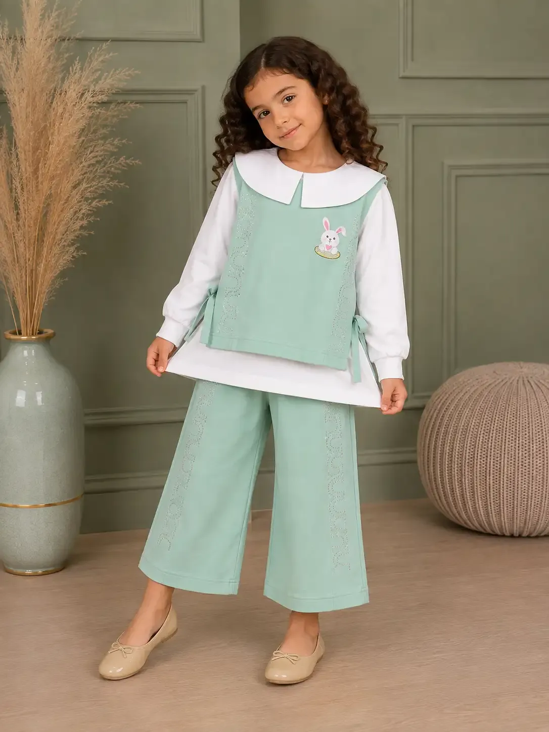 PeterPan Collar Top and Wide Leg Pants - Sea-green/white