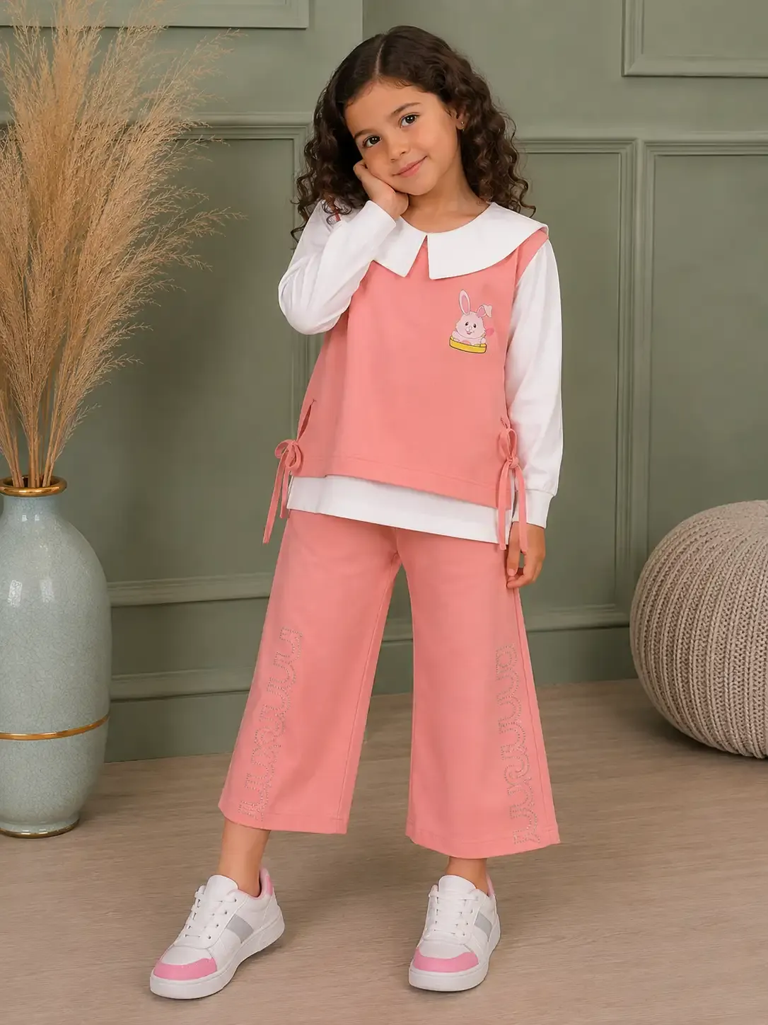 PeterPan Collar Top and Wide Leg Pants - Pink/white