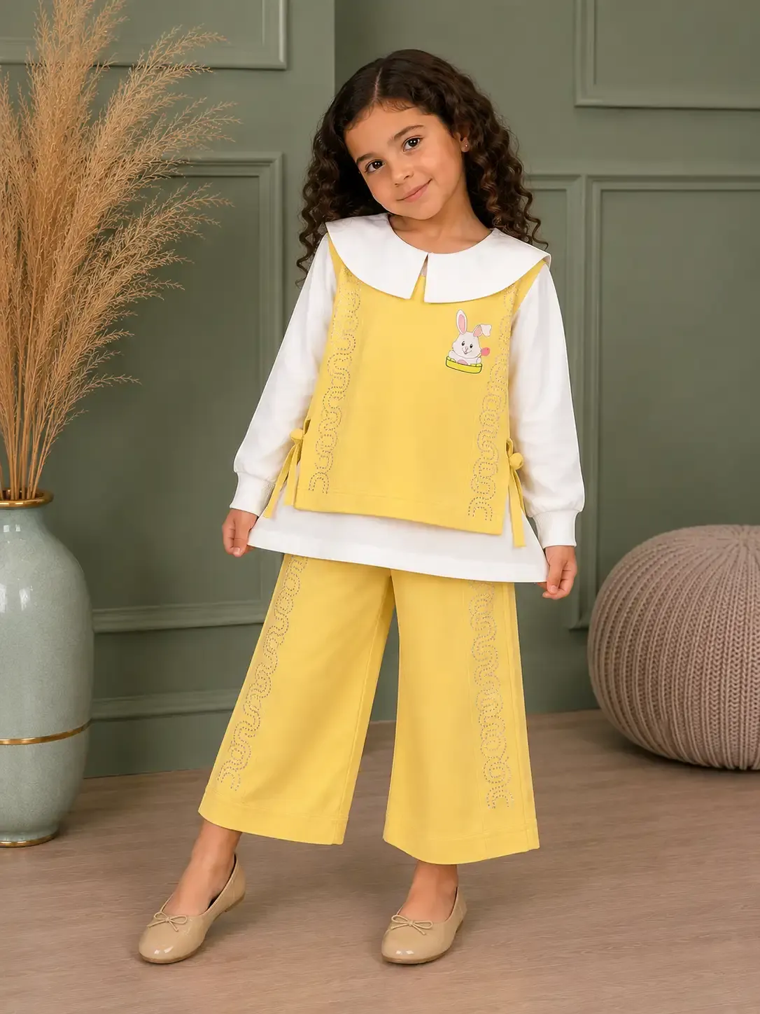 Peter Pan Collar Top and Wide Leg Pants - yellow/white